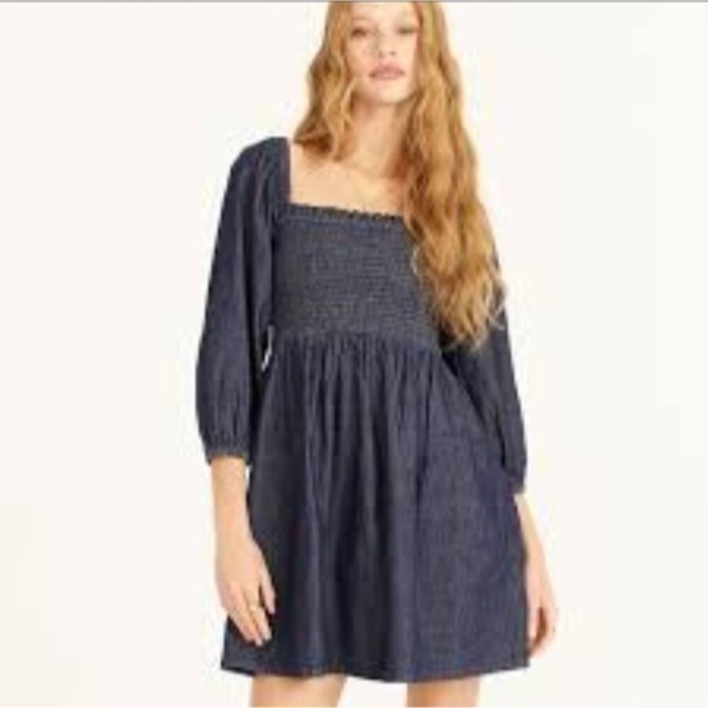 J. Crew Smocked Puff Sleeve Chambray Dress Birch Wash Size Medium